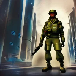 Futuristic Soldier Fighting in a Futuristic city