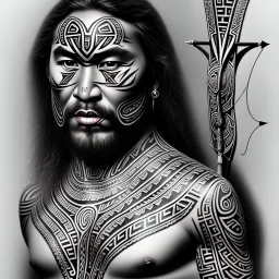 Portrait Chef Maori, tatouages tribaux maoris, arc à flèches