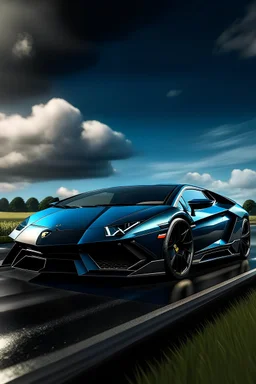 A photorealistic picture of a black Lamborghini Revuelto on a highway with blue clouds and a realistic front bumper in 8k resolution. The car is fully visible in the picture but not from the front. The camera is set at a 60 degree angle to the car. The rear spoiler is visible. The picture size is 8192×4608. The car is in motion