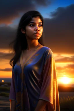 Digital art, high quality, digital masterpiece, natural illumination, spotlight, sunset, realistic, film style, beautiful, (full body:3), (1 beautiful young peruvian girl standing, wearing peruvian pajamas:3), (cute femenine face:1.8), (sexy eyes:1.6), tan skin, (Peruvian pajamas:1.5), (dark brown hair:1.8), (Inca town:1.8), (Peruvian valley at background:2)
