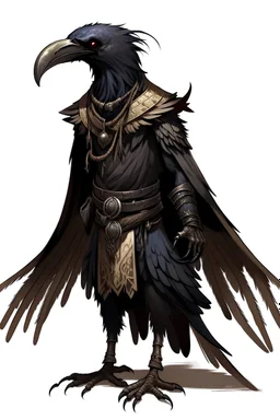A crow Aarakocra D&D front facing black feathers no shirt only pants