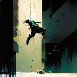 Minimal abstract oil painting of a falling person. Amongst concrete fragments brutalist architecture and hanging wires illuminated at night. In the style of Justin Mortimer and Phil Hale and Ashley Wood