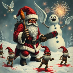there is no kebabs at christmas, evil Santa, evil naked gnomes running around, staring flaming eyes, evil naked Rudolf, very big evil melting angry Frosty the snowman in background, 1940 christmas postcard, blood stains, Flying angels, Santa holding a chainsaw, fireworks, Tim burton style