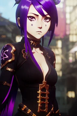 Detailed cute anime Kunoichi girl, purple hair buns, purple bangs, black latex bodysuit, intricate details, full body portrait, keep head in frame, slight smile, black Japanese motif, concept art, highly detailed, digital painting, concept art, sharp focus, illustration, art by Yoji Shinkawa, WLOP and greg rutkowski and alphonse mucha and artgerm and yanjun Chen and Junji ito and Makoto Shinkai, HDR, octane render