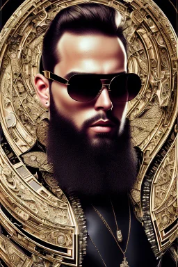 Artistic photo in the audacius style of Jill Greenberg, of man with a luxurious and striking style, abundance of jewelry, oversized square one-piece sunglasses, neat black beard, prints, extravagant, barroque scene , impasto style with thick texture