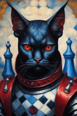 Portrait of a cat by Van Gogha giant black bull humanoid wear cyber armor black and dark red he has telegram blue and white logo app on his chess he has a black and red wings he is in the castel