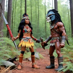 [1960’s stop-motion animation style traveling through the forest of the Midwest, ] a 70s advertisement video TV featuring the predator fighting a young native Indian woman, adorned in her war paint and wielding her stone axe. ; as a claymation character toy from a claymation horror movie in burning rainbow land, from hell, creepy Videos, strange creatures everywhere , as old advertisement shot on video VHS