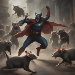 Catman chases three humanoid rats that are running around in terror