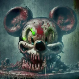 zombie mickey mouse hybrid, photorealism, movie screen capture, horror, sci-fi, evil, hungry, rotted