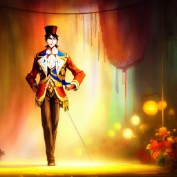 ringleader, Arthur Kulkov face shot, Hand Drawn Fantasy Illustration, front, handsome, circus, male, Russian, fantasy, anime, yoji shinkawa dreamscape, fenghua zhong, mystical colors, Golden hour