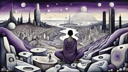 a nonbinary human figure crouched in middle of a multi-layered thick amorphous block of stone consisting of several layers, around weird whimsical landscape city in the distance, pale eyes, pale hands faint human figures, dark purple, gray, black, white, brown. Whimsical style of Chagall , of Minjae Lee and Anton Semenov, lonely with absurd broken land, neuron network background, surreal vibe