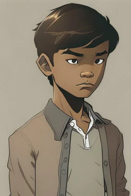 Appearance: Ari has a mixed-race skin tone with a light brown complexion. He has dark hair in a page boy haircut, and his hair length could be somewhere in-between long and short. His face is thin with high cheekbones and dark eyes that are often full of emotion. He stands at around 5 feet 7 inches tall, with a lean build that suggests he doesn't engage in a lot of physical activity. He is of average attractiveness with a boyish face.