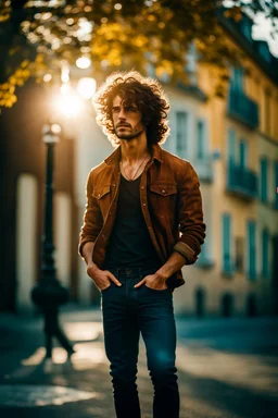 Beautiful man, beautiful face, curly hair, that is standing on a sidewalk, wearing jeans, trending on unsplash, viennese actionism, anamorphic lens flare, dynamic pose, shallow depth of field, dreamlike, nature-inspired, romantic, whimsical, fantasy art,dreamy