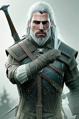 Henry cavil face, Crystal yellow eyes, long white hair, wearing The witcher 3, realistic, 4k, intricate, best quality, fog particles, fire particles, octane render, vray, sword fire