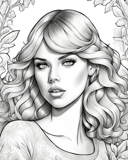 b/w illustration art for adult coloring book page themed with no background, coloring pages, Taylor Swift singing, full white, no color kids style, white background, Sketch style,(((((white background))))), only use outline., cartoon style, line art, coloring book, clean line art, Sketch style, line-art
