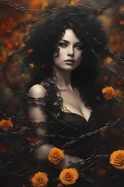 abstract creation of a beautiful girl with black curly hair, surrounded by black roses, wrapped in thick metal chains, glass petals on the ground, autumn and bright colours,dried out thorn bush, chaos,