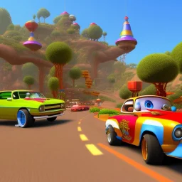 a new donkeykong level with small cars, fine detail, graphics, shiny 3d, road sign