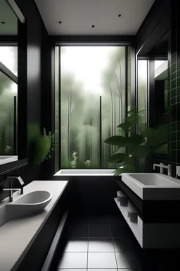 bathroom, dark wood, black and white, modern, plants, window overlooking the forest