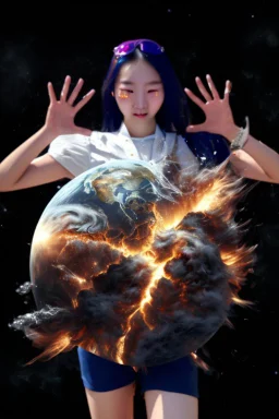 An image of a young Korean woman with a eyes closed expression happy, holding her hands up as if she is reacting to a catastrophic event in front of her. Film, cinematic, realistic, extreme depth of field, She is wearing a white blouse with detail, blue shorts, and sunglasses pushed up onto her head. In front of her, there is a highly detailed planet resembling Earth, dramatically cracking and breaking apart with fiery explosions and molten lava visible at the fractures.