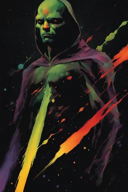 full color, Martian Manhunter, black wall, multicolored paint splatter, Outer Space, Stars, planets, cosmic clouds, multicolored lightning, galaxies, extremely colorful