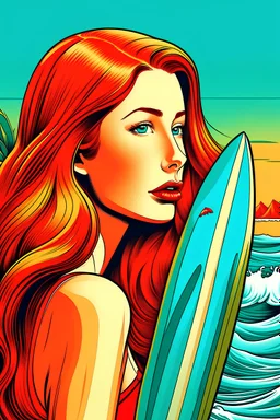 Arte colorida de rosto de mulher sexy, cabelos vermelhos e prancha de surf na mão. Rosto grande em primeiro plano.