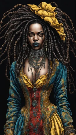 full body colored etching of an ornately dressed, malevolent, predatory voodoo vampire girl from the French West Indies with highly detailed beaded dreadlock hair and facial features ,in the style of Rembrandt, Gian Lorenzo Bernini, and Johannes Vermeer, with a fine art aesthetic, highly detailed , realistic , 4k UHD