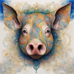 Leonardo Da Vinci's stunning psychedelic masterpiece of a fascinating pig head with extraordinary eyes and elongated ears, with colorful ink, shows Leonardo's style. Adorned with intricate swirls, dots and patterns on white background. Vibrant blue, green, gold, silver, amber, warm yellow and platinum layer recalls the colors of Gustav Klimt. Delicate pencil-like lines create timeless hand-drawn quality. The pig's face is central focus, vector style, preserving the essence of hand-drawn work