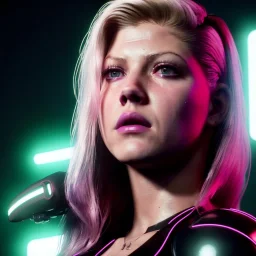 Actress, young Katheryn Winnick, android woman, little dron fly, neon ambient, gradient, clean skin, circuits, leather coat, cyber punk, neon, army, tubes, blood, portrait, studio photo, unreal engine 5, smooth color, 16 bit, god lights, ray tracing, RTX, lumen lighting, ultra deatail, volumetric lighting, 3d, finely drawn, hd.