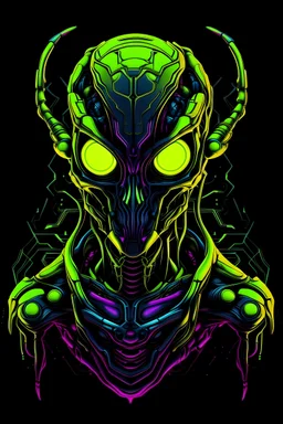 Vibrant Vector Art, Front View, alien robot with armor, neon green, yellow and purple lava veins, stylized, half body, half skin, black background, closed mouth , wider face, electric eyes