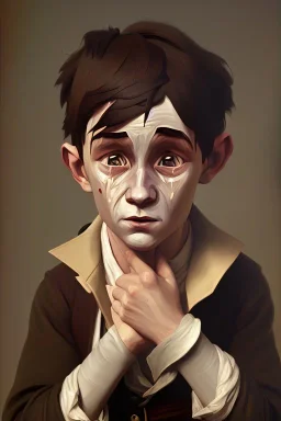 old oil painting of oliver twist boy crying, oil on face, 1800s clothes, realistic detail, factory in background