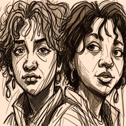 a drawing of two women's sketched on paper, in the style of quirky expressions, rusticcore, chiaroscuro sketches, yosuke ueno, rough clusters, close up, comical caricatures
