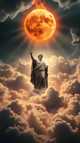 Portrait of the statue of Hercules above swirling clouds, emerges from the heart of a raging storm. Turbulent winds of steam swirl around the iconic structure, lit by shafts of sunlight that cast dramatic shadows on the A ball of fire by over the clouds, another high planet waiting to collapse with the fire , High quality 16k cinematic scene and great photography