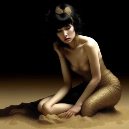 (Masterpiece1:5) By(Jan Saudek:Natalie Shau:1.5) (highest quality) (ultradetailed:1.5),bright Foreground with (gold sparkles floating Intricately through the painting:1.5),attractive and content black haired woman 😁, the beach with snoot lighting is the defining light source,gold dress melting into the sand 😅),dreamlike, (surreal:0.5) beach with soft sand, High contrasts, vibrant colors, flawless Composition,Soft Lighting Create Depth Of Field. accentuates the beauty of the