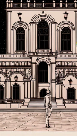 One day in front of a palace at night, 2D, simple