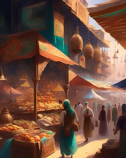 A bustling marketplace in an exotic, foreign land, filled with colorful stalls and merchants offering a variety of wares, from spices to textiles to mysterious artifacts.