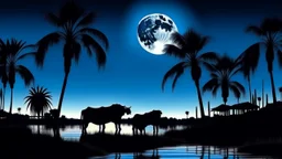 A silhouetted landscape with palm trees against a blue sky with a crescent moon, reflected in a still body of water with cattle standing in the foreground