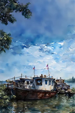 watercolor painting of old boats in water , pen line sketch and watercolor painting ,Inspired by the works of Daniel F. Gerhartz, with a fine art aesthetic and a highly detailed, realistic style