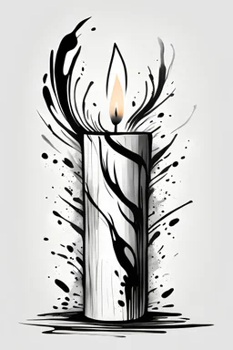 A realistic drawing in negative space black ink on white background of a beautiful candle with abstract brushstrokes design