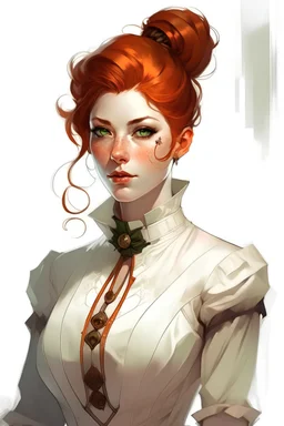 Digital art portrait of a pale British aristocrat woman with copper hair pinned, wearing a loose white blouse and corset, in steampunk style.