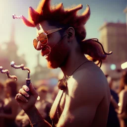 Realistic photo, medium shot view, men, carnival scene, steampunk. Women, hair monster, Drunken, Sunglasses, smoking, happy, hot. Many people background, highly detailed, concept art, unreal engine 5, ray tracing, RTX, lumen lighting, ultra detail, volumetric lighting, 3d, finely drawn, high definition, high resolution.