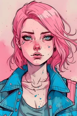 illustration of a young woman with pink hair and blue eyes. she wears grunge clothing style