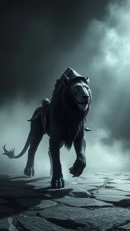 A black hooded creature riding on a hyper details texturing of fullbody the skin realistic textures skin a lion .bcomplex details, extremely, ultra rendering, it is standing admist darkness realms floors