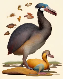 John James Audubon-like illustration of a fully uncropped Dodo bird and a Platypus in a landscape of warm yellows, warm reds, and warm blues