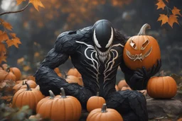Venom pumpkin in nier automata artstyle, halloween them, winter, close picture, fantasy world, intricate details, highly detailed, high details, detailed portrait, masterpiece,ultra detailed, ultra quality