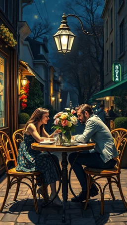 Cafe table outside at night with flowers on the table in the style of vincent van Gogh, withoutonly a couple lovers