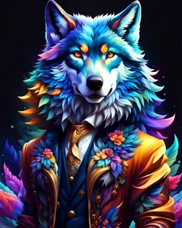 Full body Beautiful anthropomorphic wolf colorful art conceptual, amazing artwork, hyper detailed, ultra maximalist quality, 12k