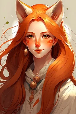 An woman with long red hair, gold eyes, large fox ears, slight smile, pale skin