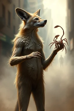 aardwolf man snake spider juggling, painting by Rembrandt, with motion blur city background, and volume light fog with sunlight rays