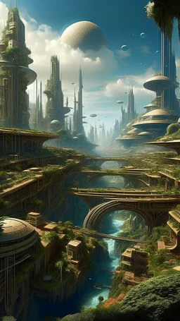 sci fi city, Mediterranean garden, busy city