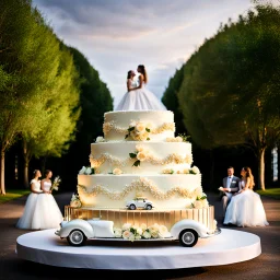 a big wedding cake with a roofless car over it and a small wedding couple sitting in car